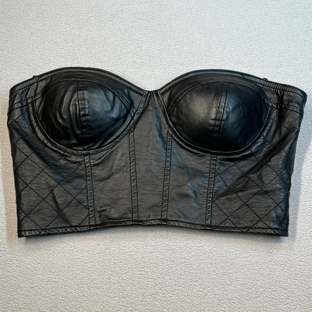 Forever 21 Womens Faux Leather Bustier Crop Top Black Quilted Zipper Back Size M